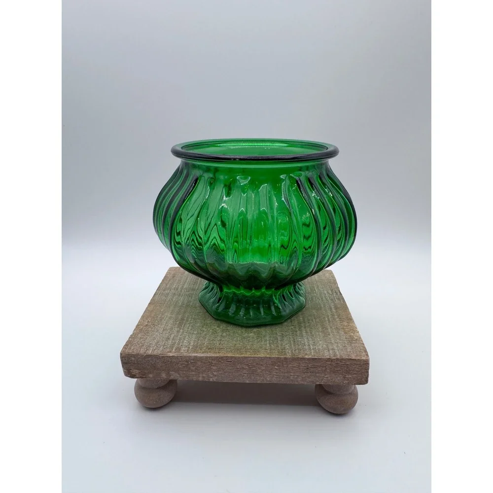 EO Brody Co Emerald Green Glass Ribbed Melon Vase Pedestal Bowl Cleveland Ohio